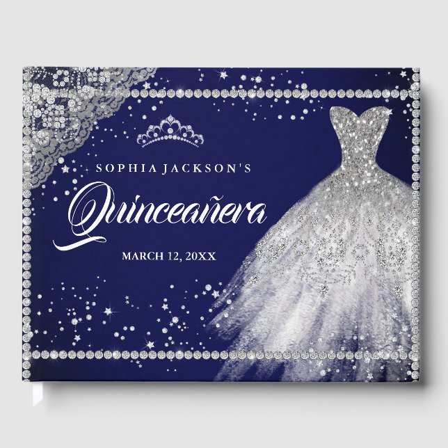 Livro De Visitas Marinho Silver Diamond Sparkle Gown Quinceanera (Frente)