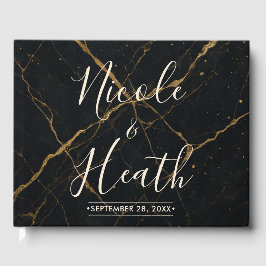 Livro De Visitas Mármore Meia-Noite Dourado Preto & Dourado Casamen