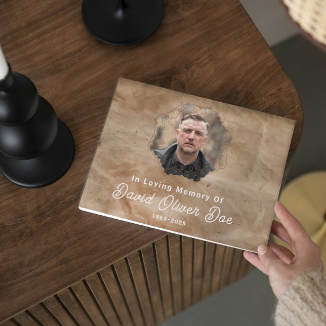 Livro De Visitas Marrom Rústico Texto Personalizado Foto Memorial F (rustic guest books in loving memory funeral memorial remembrance keepsake celebration of life photo)