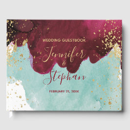 Livro De Visitas Marsala Red Teal Watercolor Dourado Casamento Gues