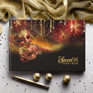 Livro De Visitas Máscara de Mascarada Sweet 16 Vermelho Dourado ID1