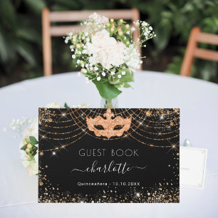 Livro De Visitas Mascarada Quinceañera pó preto de ouro