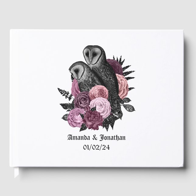 Livro De Visitas Mauve Floral Owls Gothic Wedding (Frente)