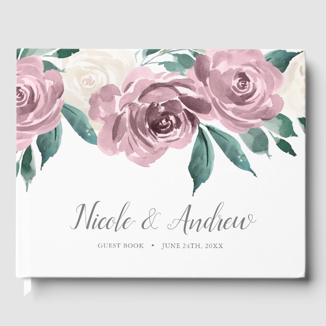 Livro De Visitas Mauve Watercolor Rosa Floral Wedding (Frente)