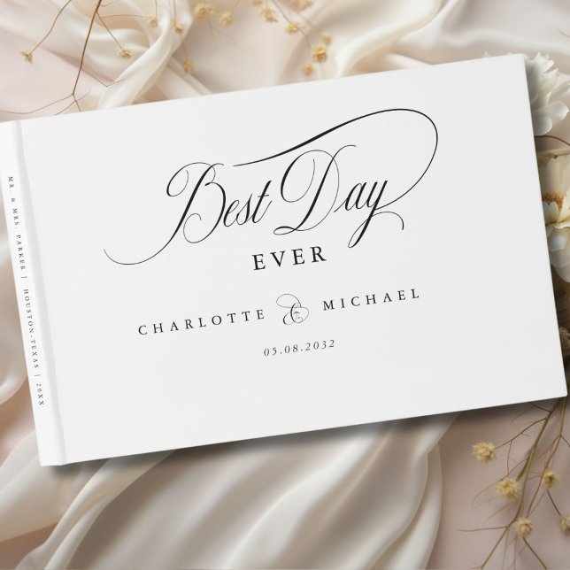 Livro De Visitas MELHOR DIA DE TODOS! Elegante, Casamento (BEST DAY EVER! Elegant, White, Wedding Guest Book with your name and date. Scripted Font.)