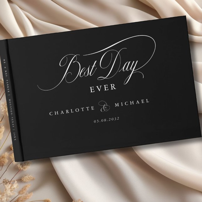 Livro De Visitas MELHOR DIA DE TODOS! Elegante, Casamento (BEST DAY EVER! Elegant, Black & White, Wedding Guest Book with your name and date. Scripted Font.)