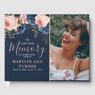 Livro De Visitas Memorial Elegante Florals de Cor Rosa e Marinho