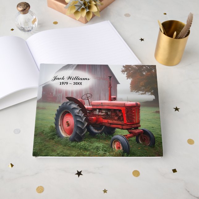 Livro De Visitas Memorial Red Tractor With Red Old Barn (Frente aberta)