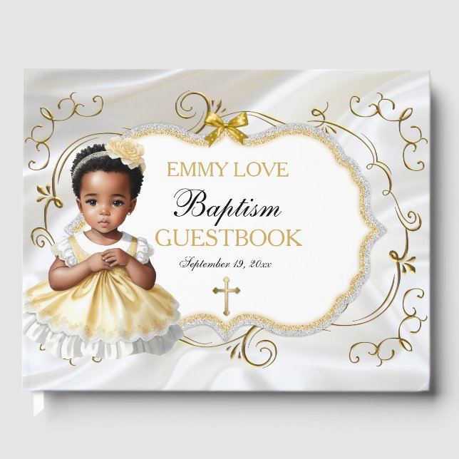Livro De Visitas Menina Batismo Christening White e Dourada Cruz (Frente)