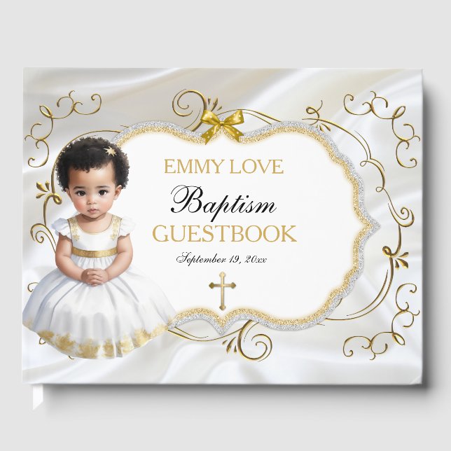 Livro De Visitas Menina Batismo Christening White e Dourada Cruz (Frente)