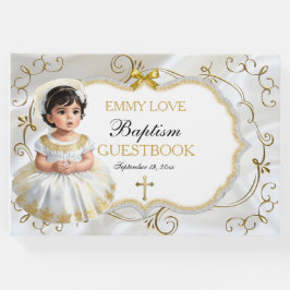 Livro De Visitas Menina Batismo Christening White e Dourada Cruz
