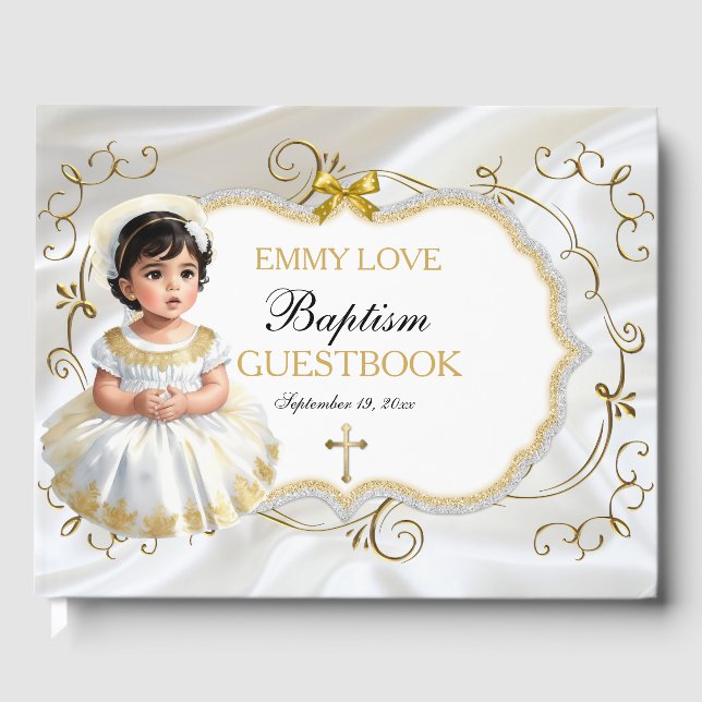 Livro De Visitas Menina Batismo Christening White e Dourada Cruz (Frente)