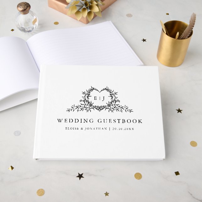 Livro De Visitas Minimalist Monogram Calligraphy Crest Wedding (Frente aberta)