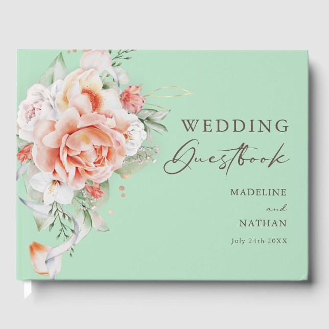 Livro De Visitas Mint Green & Peach Floral Weding Guest Book (Frente)