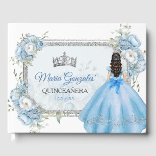 Livro De Visitas Mis Quince Blue Floral Silver Crown Quinceañera