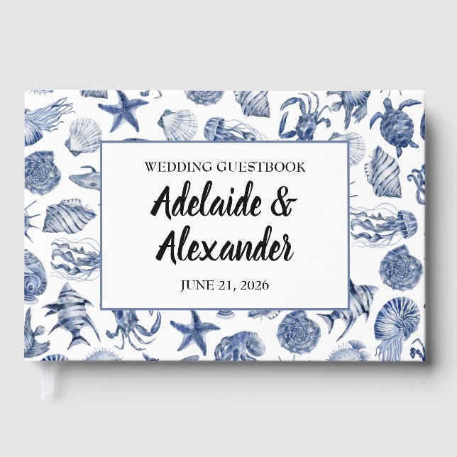 Livro De Visitas Modern Beach Coastal Watercolor Wedding Blue (Frente)