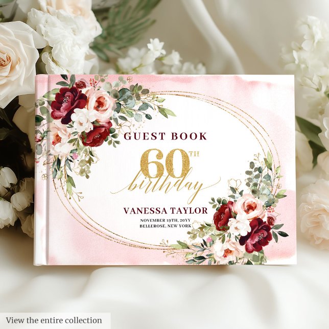 Livro De Visitas Modern Boho Burgundy Blush Floral 60th Birthday (Modern Boho Burgundy Blush Floral 60th Birthday)