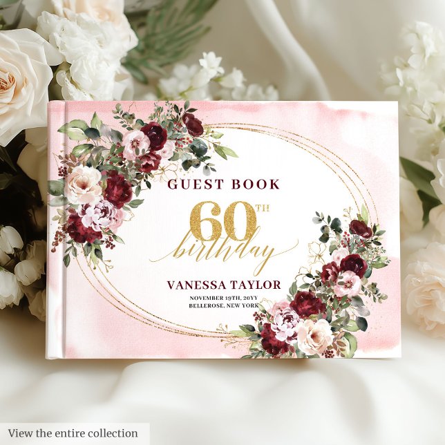 Livro De Visitas Modern Boho Burgundy Blush Floral 60th Guest Book (Modern Boho Burgundy Blush Floral 60th Guest Book)