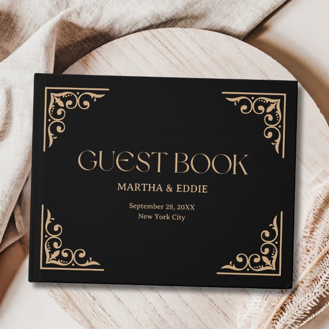 Livro De Visitas Modern Deco | Elegant Black and Gold Wedding (Elegant black and gold guest book keeps every wedding message beautifully preserved.)