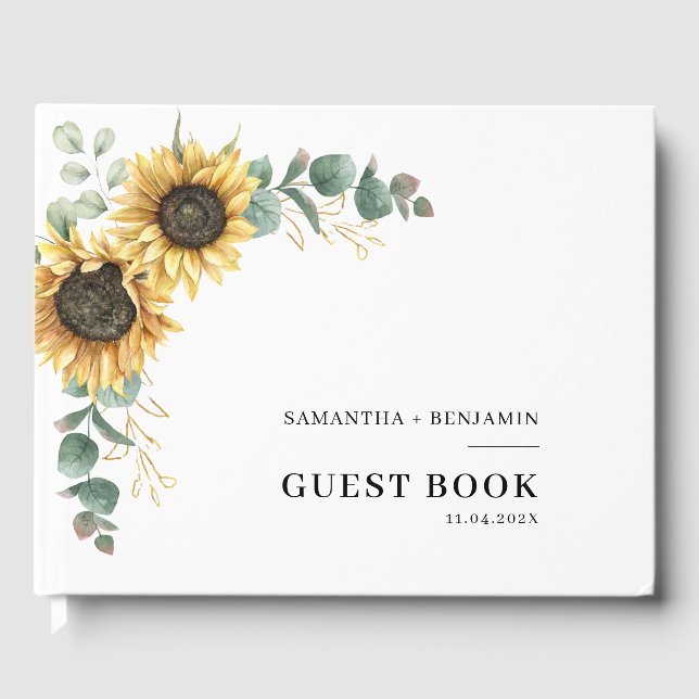 Livro De Visitas Modern Floral Sunflower Greenerescing Wedding (Frente)