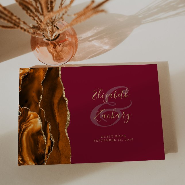 Livro De Visitas Moderno Queimado Laranja Dourado Agate Burgundy (Criador carregado)