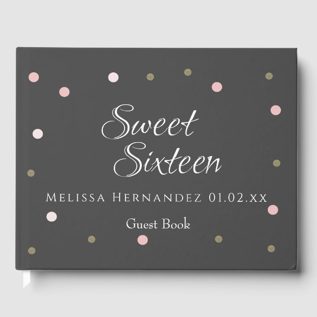 Livro De Visitas Moderno Sweet 16 Pontos de Confetti Rosa Esbranqui (Frente)