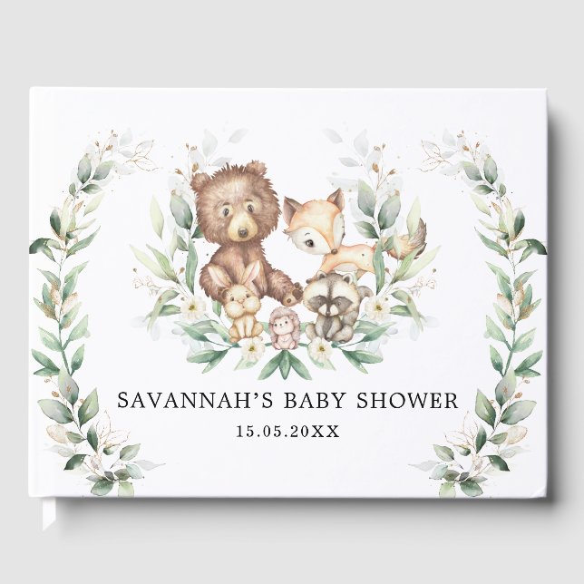 Livro De Visitas Moderno Verde Dourado Animais Florestais Neutrais  (Frente)