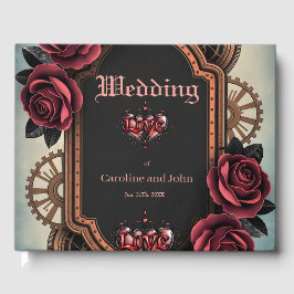 Livro De Visitas Moldura Steampunk com Rosas vermelhas e engrenagen