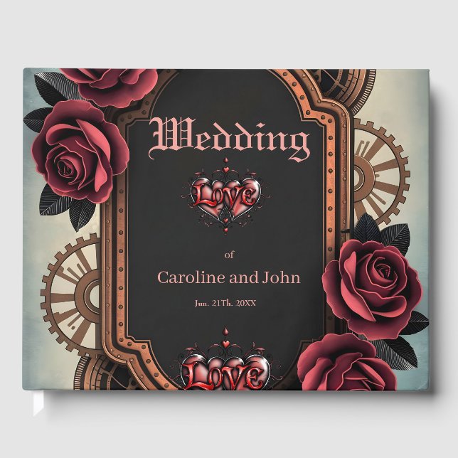 Livro De Visitas Moldura Steampunk com Rosas vermelhas e engrenagen (Frente)