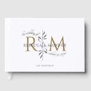 Livro De Visitas Monograma Botânico Elegante em Dourado para Casame