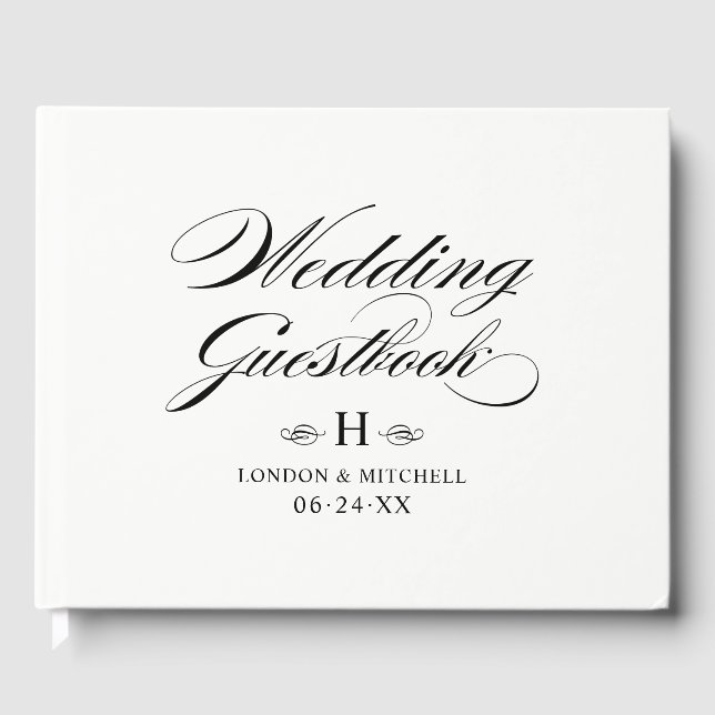 Livro De Visitas Monograma de Casamento de Caligrafia Branca Elegan (Frente)