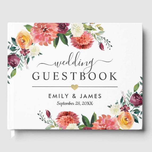 Livro De Visitas Monograma de Casamento Dourado Floral Rustic Burgu (Frente)