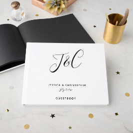 Livro De Visitas Monograma de Casamento Elegante Moderno Preto Bran