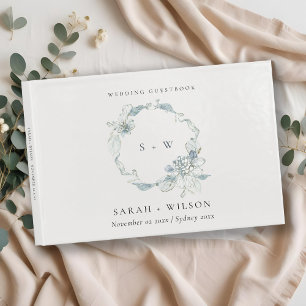 Livro De Visitas Monograma de Casamento Floral Azul Pastel Dusky