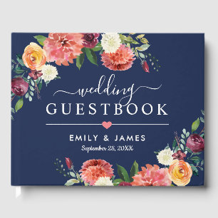 Livro De Visitas Monograma de casamento floral em aquarela azul nav