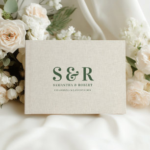 Livro De Visitas Monograma de Casamento Verde Escuro - Linen Beige