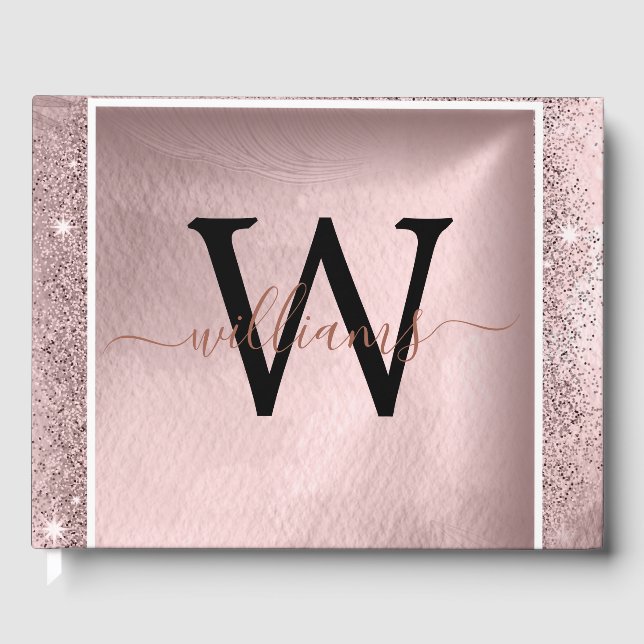 Livro De Visitas Monograma de Script Glitter Dourado rosa (Frente)