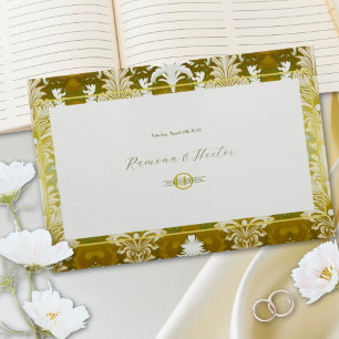 Livro De Visitas Monograma do Casamento tema damasco Verde Dourado