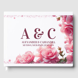 Livro De Visitas Monograma Minimalista de Casamento Cinza Rosa Rosa