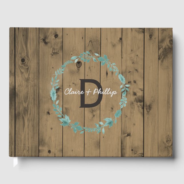 Livro De Visitas Monograma Rustic Wood Wedding | Fia Botânica (Frente)