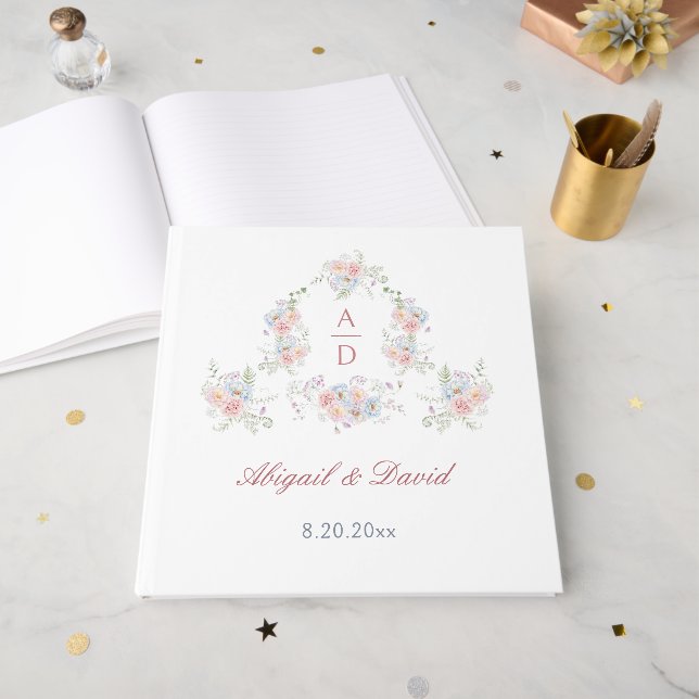 Livro De Visitas Monogramas de casamentos de pastel Peonies (Frente aberta)