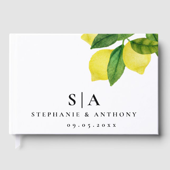 Livro De Visitas Monogramas Lemon Citrus Branch Greenery Casamento (Frente)