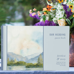 Livro De Visitas Montanha Lago Watercolor Casamento Azul Dusty