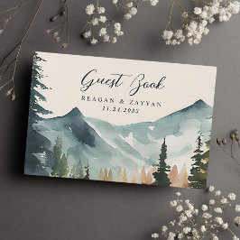 Livro De Visitas Montanhas de Aquarela e Pinos Casamento Rústico