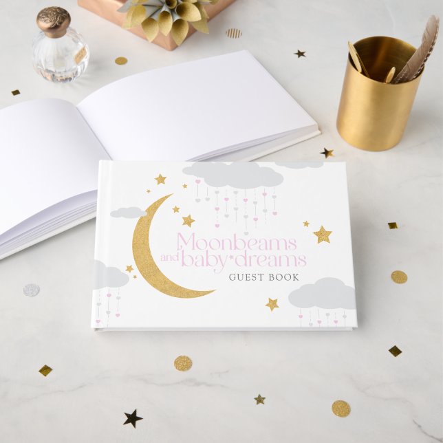 Livro De Visitas Moonbeams and baby dreams pink baby shower  (Frente aberta)