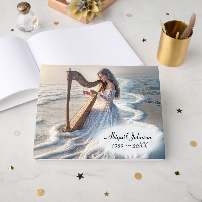 Livro De Visitas Mulher Tocando Harpa na Onda do Oceano (Frente aberta)