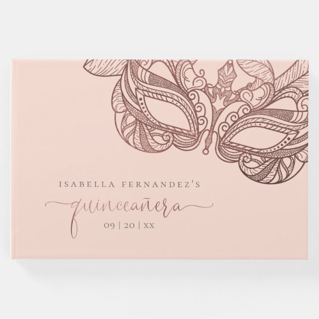 Livro De Visitas Na moda Blush e Rosa Dourada Mascarada Quinceañera (Frente)