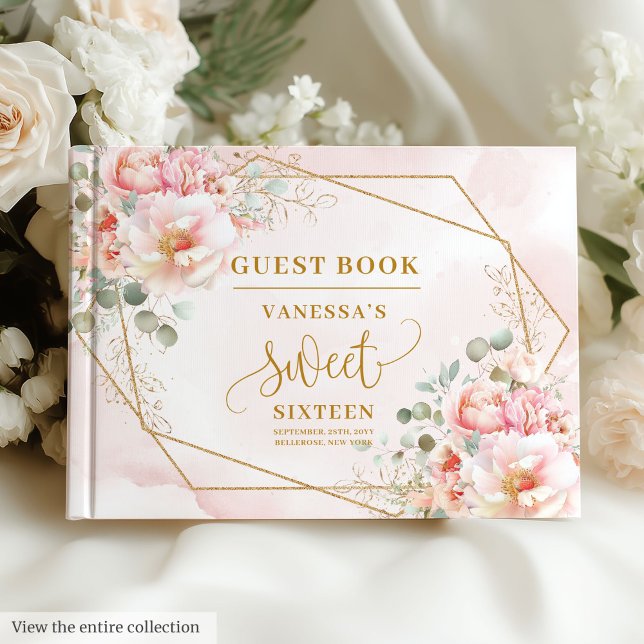 Livro De Visitas Na moda Blush Pink Sage Dourado Floral Sweet 16 (Stylish Blush Pink Sage Gold Floral Sweet Sixteen Guest Book)