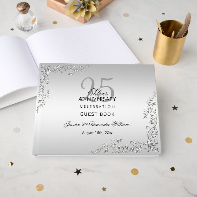 Livro De Visitas Na moda Silver Decoration 25 de Casamento Aniversá (Frente aberta)