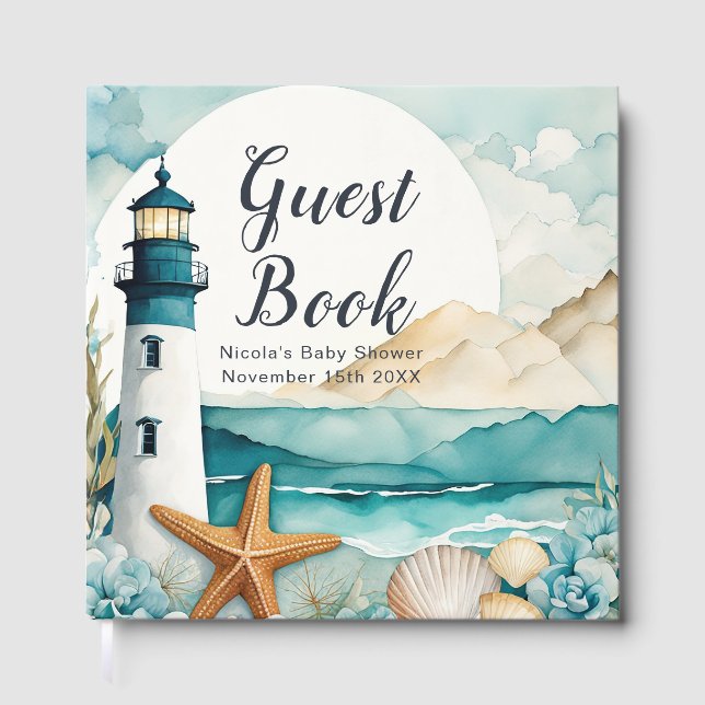 Livro De Visitas Nautical Lighthouse Baby Shower  (Frente)